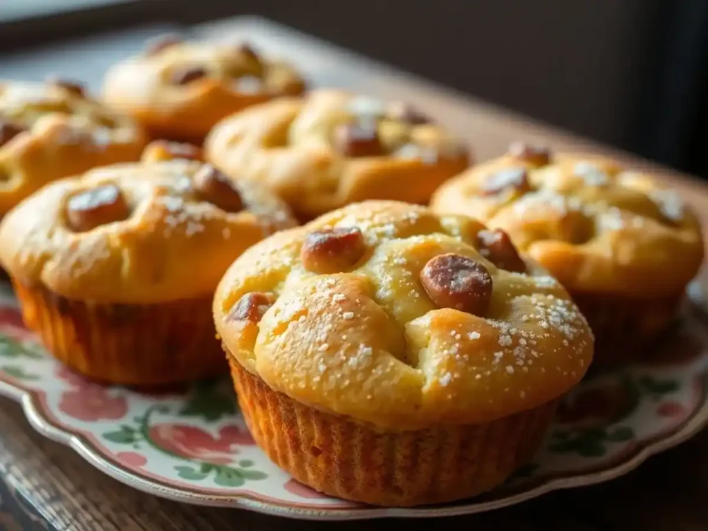 Freshly baked golden sausage muffins, lightly dusted with powdered sugar, on a floral plate.