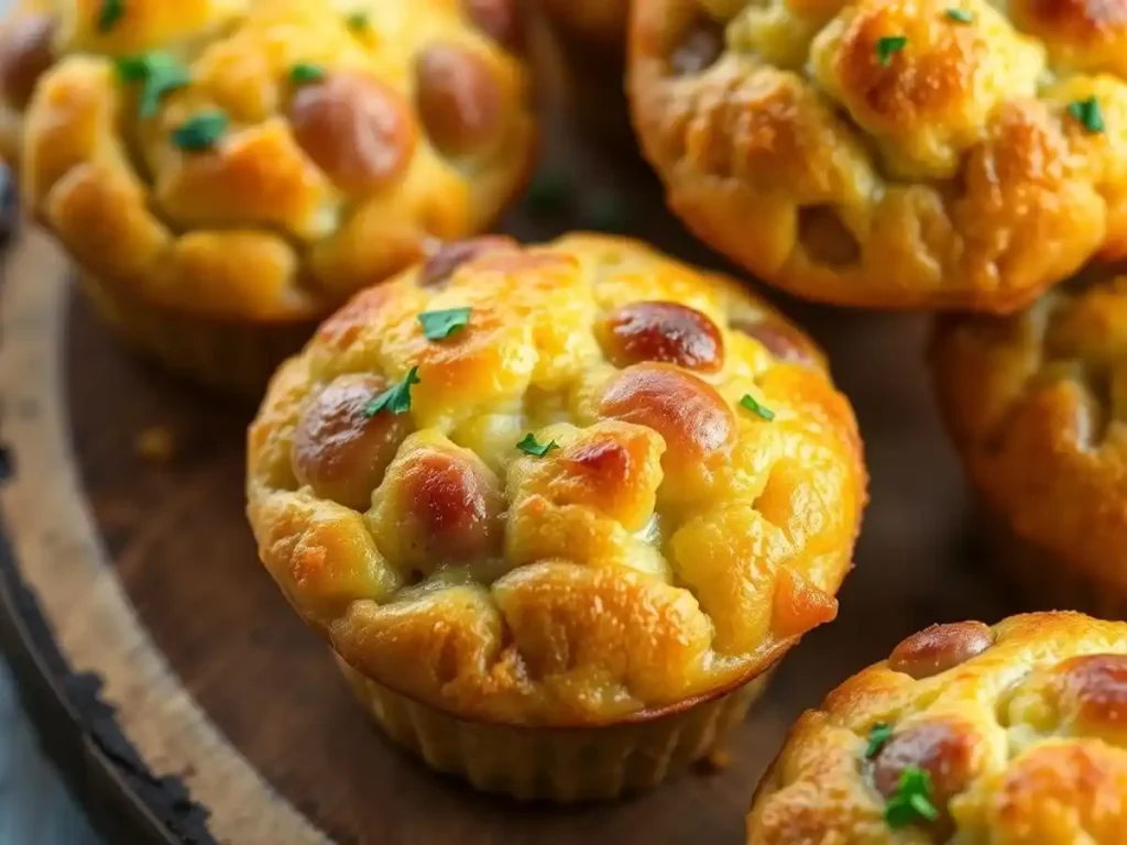 Close-up of golden sausage muffins garnished with fresh parsley, arranged on a rustic wooden board.