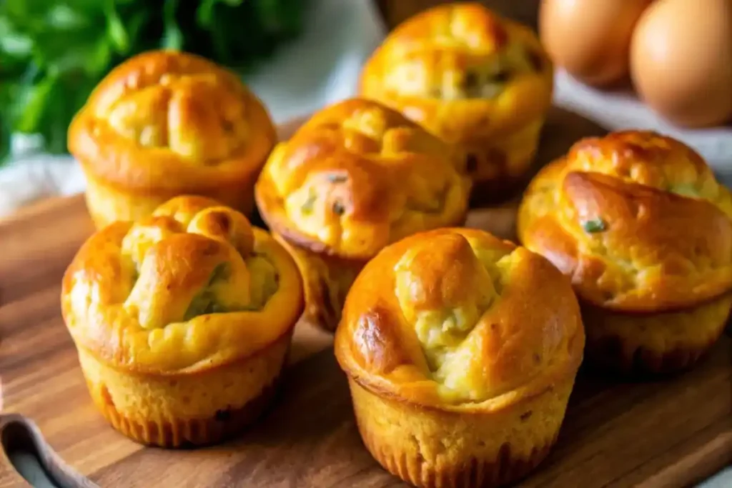 Golden-brown sausage muffins on a wooden board with fresh herbs in the background.