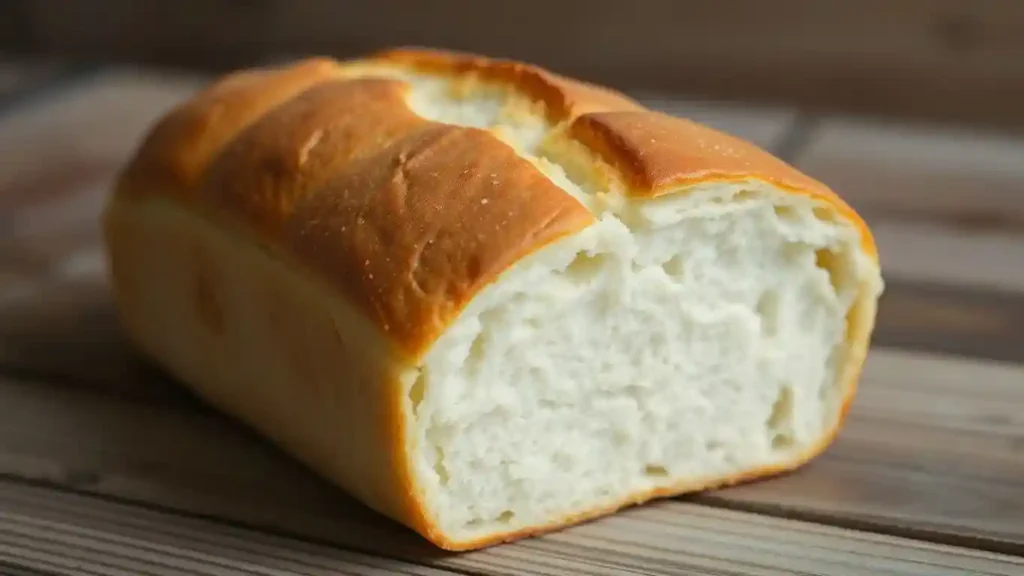 A whole loaf of freshly baked bread with a smooth golden crust and pillowy interior.