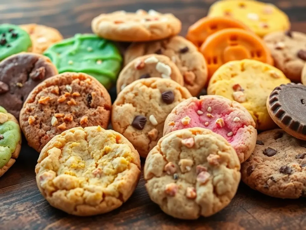 A variety of cookies with frosted tops and decorative elements.