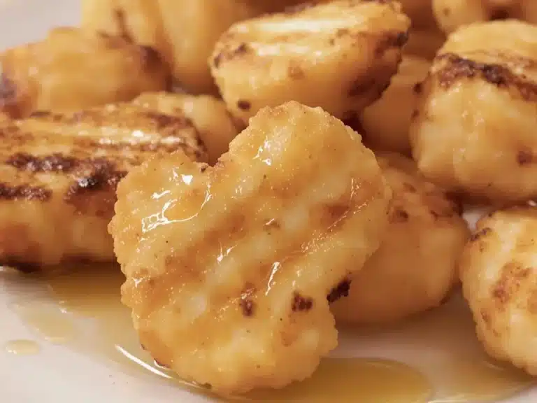 Grilled chicken nuggets coated with oil , served on a white plate.
