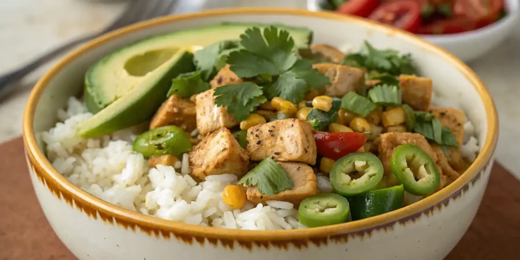 A fresh bowl of grilled chicken, corn, bell peppers, and cilantro drizzled with a creamy dressing.