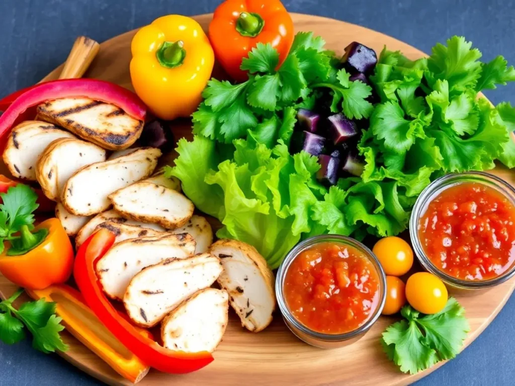 Mexican Chicken Wrap : A platter with grilled chicken slices, colorful bell peppers, leafy greens, and bowls of salsa.