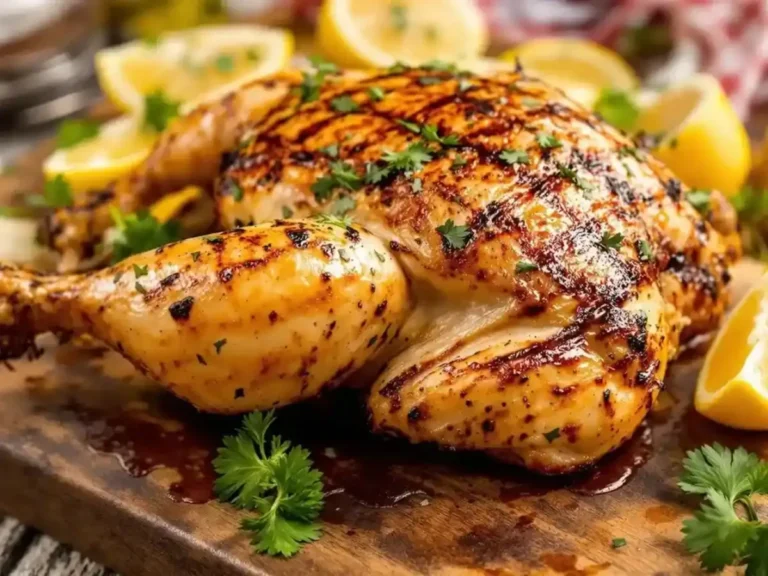 Close-up of a perfectly grilled spatchcock chicken, garnished with fresh parsley and served with lemon wedges on a wooden board.