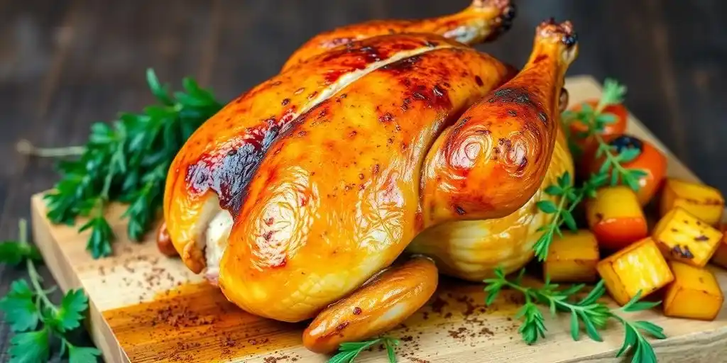 A golden herb-roasted chicken served with fresh vegetables and sprigs of herbs on a wooden board.