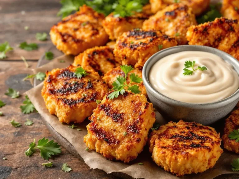 A plate of grilled nuggets served with creamy dipping sauce and garnished with parsley.