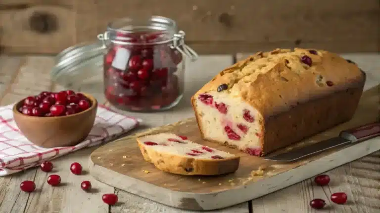 A fresh loaf of cranberry bread on a wooden cutting board, with slices revealing vibrant red cranberries inside. A jar of cranberries and a wooden bowl filled with cranberries sit nearby on a rustic table.