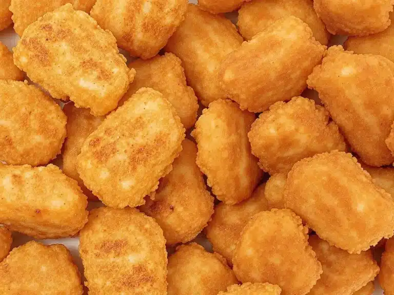 How Much Healthier Are Chick-fil-A Grilled Nuggets : A plate of golden, crispy chicken nuggets served with a side of dipping sauce and garnished with fresh herbs.