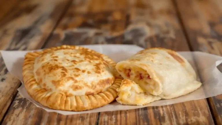 Two golden-brown baked pastries, one fully intact and the other cut open, revealing a cheesy and savory filling, placed on parchment paper over a rustic wooden table.