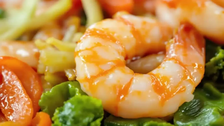 Close-up of tender shrimp glazed with a light sauce, served alongside fresh vegetables.