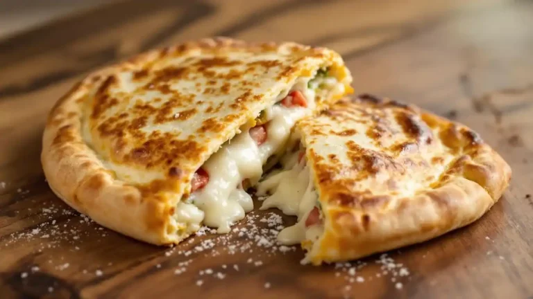A freshly baked calzone cut open, revealing gooey melted cheese, diced tomatoes, and other delicious fillings, resting on a wooden surface sprinkled with flour.