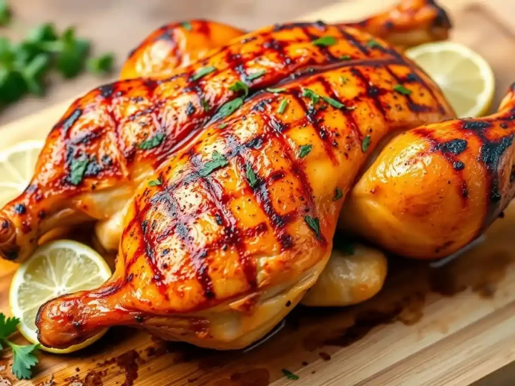 Close-up of a spatchcock chicken grilled to perfection, showcasing charred grill marks and a golden glaze, served with fresh lemon slices.