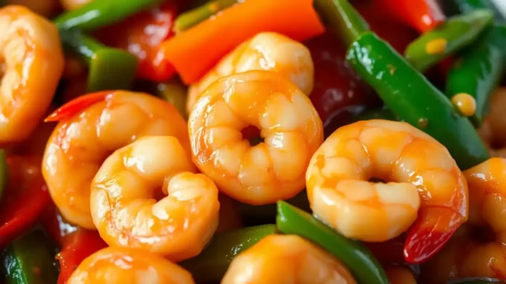 Close-up of juicy shrimp cooked with vibrant green beans, red bell peppers, and carrots in a glossy sauce.