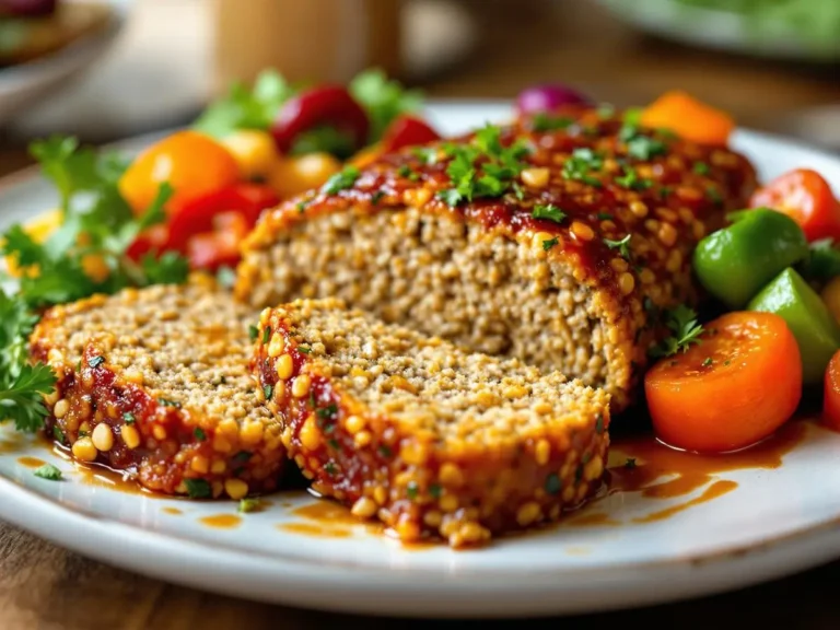 A sliced turkey quinoa meatloaf topped with a sweet glaze and garnished with fresh parsley, served with colorful vegetables on a white plate.
