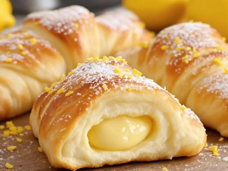 Fluffy crescent rolls filled with creamy lemon cheesecake and sprinkled with powdered sugar and lemon zest.