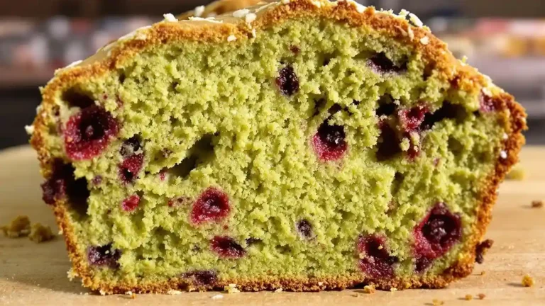 Close-up of a vibrant green matcha loaf with fresh cranberries, showcasing its soft texture and juicy berries.