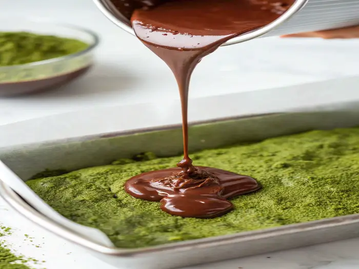 Chocolate ganache pouring over a green matcha base in a baking tray, showcasing the preparation of vegan chocolate matcha bars.