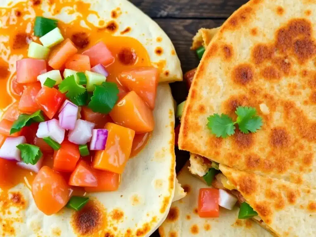 Close-up of Mexican quesadillas filled with cheese and topped with fresh pico de gallo, including tomatoes, onions, and cilantro.