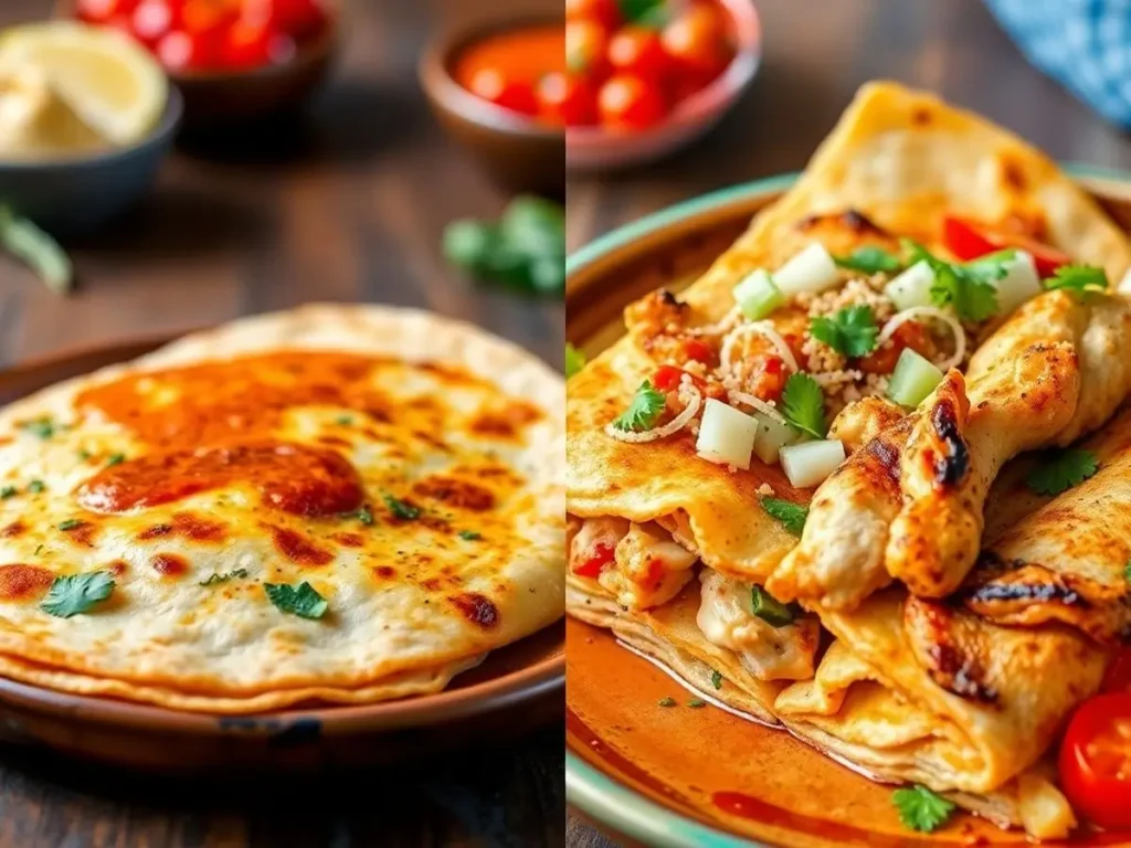 A Mexican quesadilla topped with red sauce and a A Mexican quesadilla topped with red sauce and a American quesadillas quesadilla filled with chicken, cheese, and fresh vegetables on a plate. filled with chicken, cheese, and fresh vegetables on a plate.