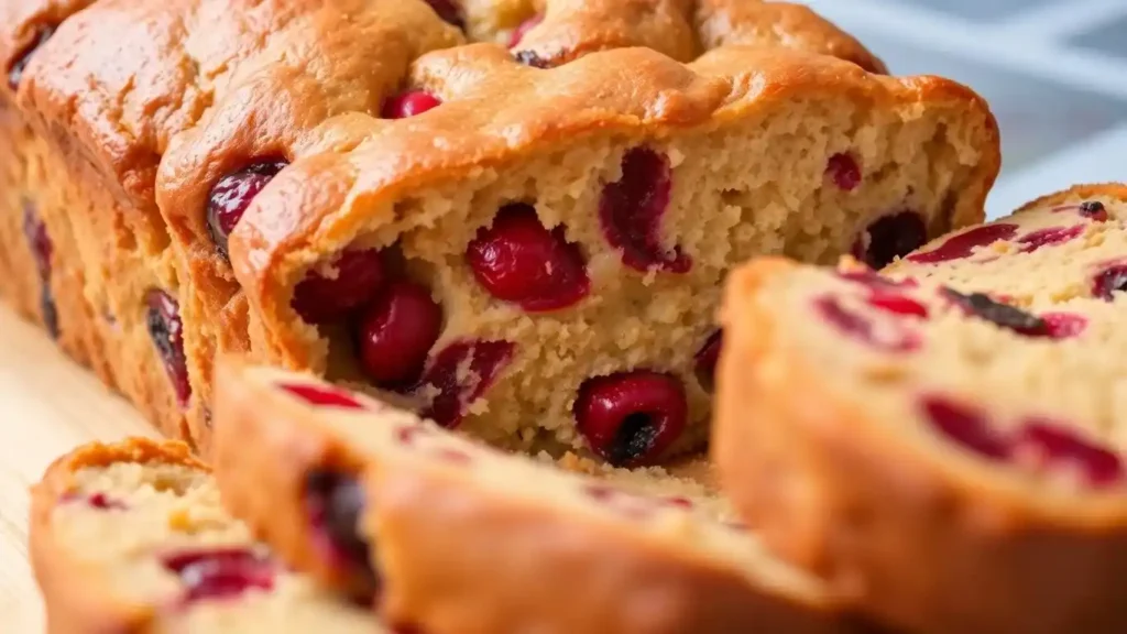 A close-up view of a freshly baked cranberry loaf, showcasing its golden texture and vibrant cranberries.