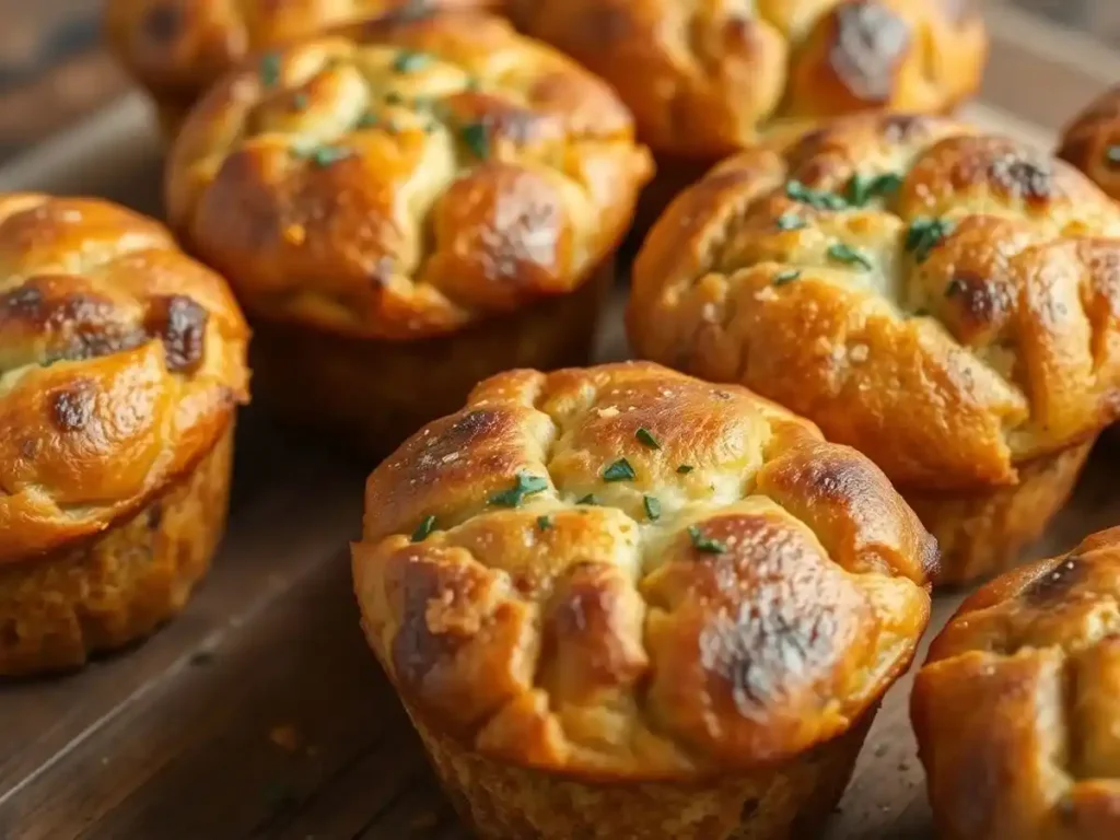 Golden-brown sausage muffins topped with herbs, presented on a rustic wooden table.