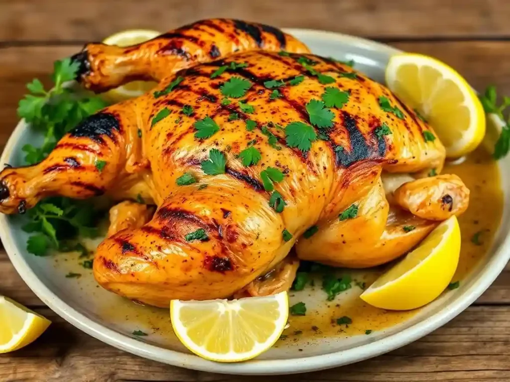 A beautifully grilled spatchcock chicken, served on a plate with lemon wedges and garnished with fresh parsley.