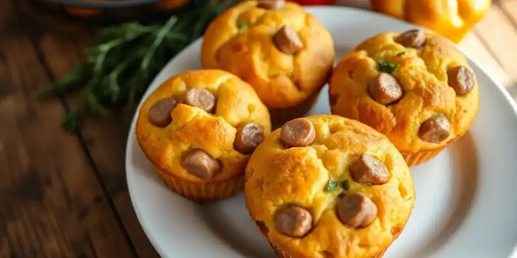 Four golden Bisquick sausage muffins with visible sausage pieces, served on a white plate.