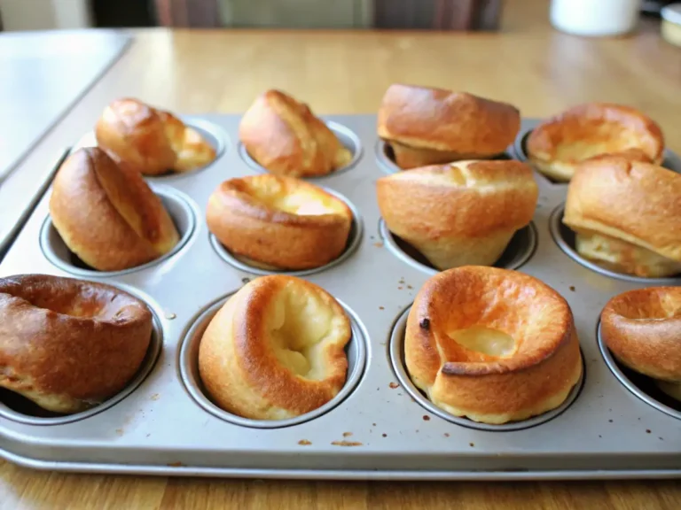 Lightly golden popovers still in their muffin tin, showing an airy texture.