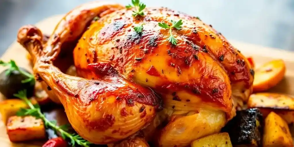 A golden roasted chicken served with colorful roasted vegetables and fresh herbs.