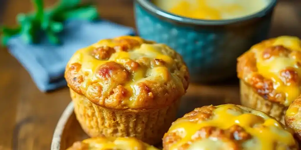 Golden sausage muffins with melted cheese, served on a wooden platter with a bowl of soup.