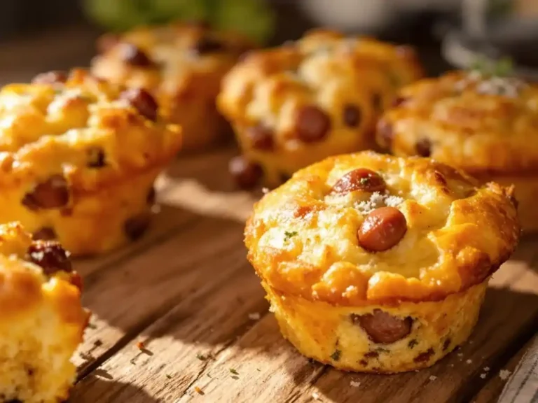 Golden-brown sausage muffins on a wooden surface, highlighted by warm lighting.