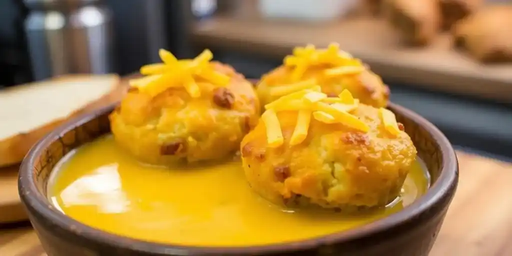 Golden sausage muffins topped with cheddar cheese, floating in a bowl of creamy soup.