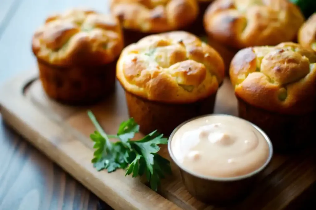 Golden sausage muffins served on a wooden platter with a side of creamy dipping sauce and fresh parsley.