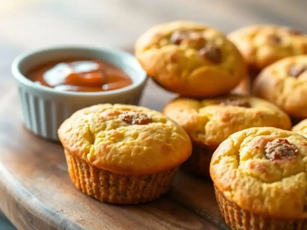 Golden sausage muffins served on a wooden platter with a side of sweet dipping sauce.