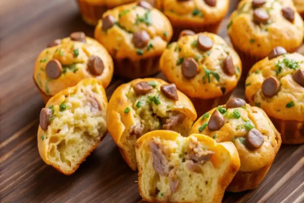 Sausage muffins topped with fresh herbs, some split open to reveal the soft, fluffy interior.