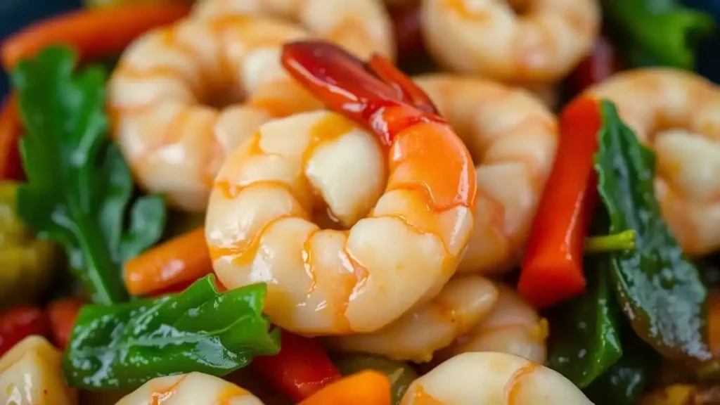 Close-up of sautéed shrimp served with vibrant vegetables, including red peppers and leafy greens.