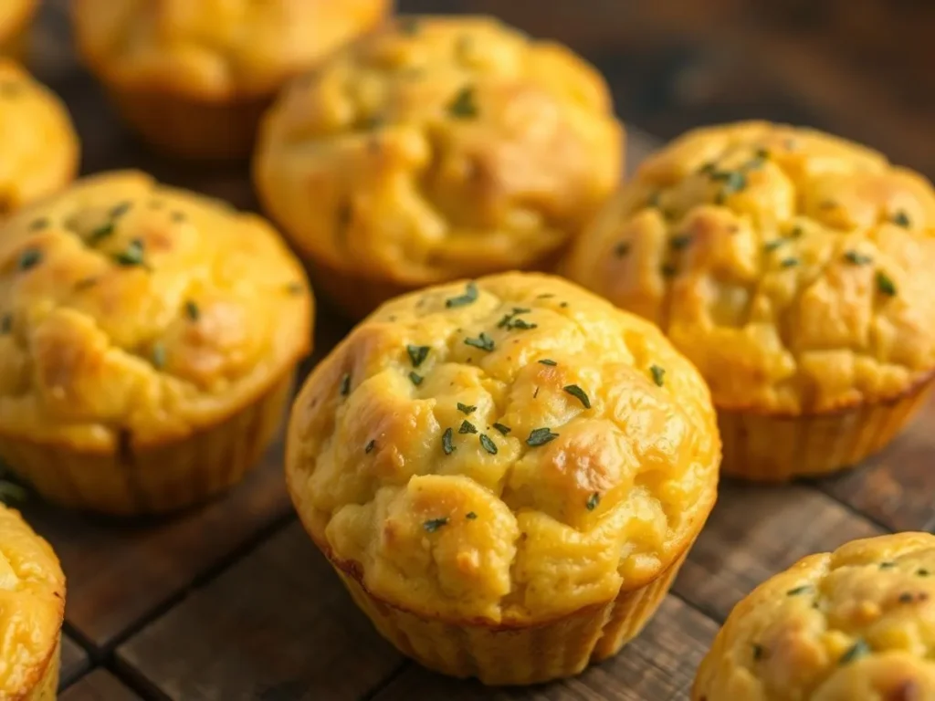 Golden sausage muffins topped with fresh herbs on a rustic wooden table.