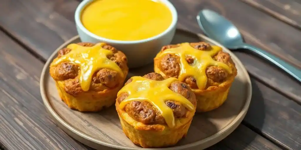 Three sausage muffins topped with melted cheddar cheese, served with a bowl of soup on the side.