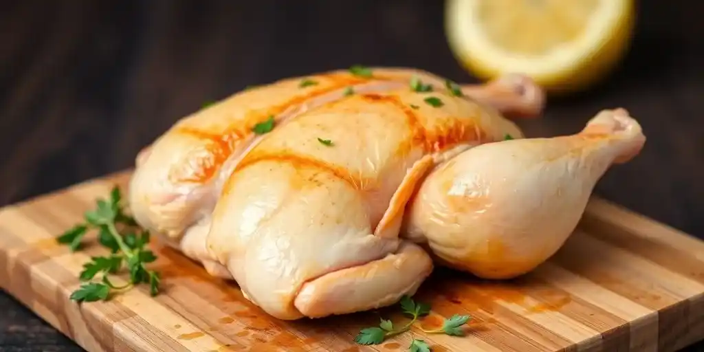 A raw whole chicken seasoned with paprika, parsley, and olive oil on a wooden cutting board.