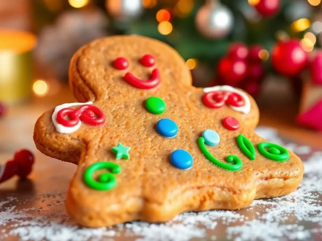 Gingerbread man cookie with colorful icing details, smiling and ready for the holiday season.