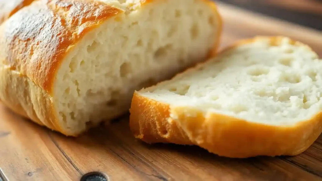 Close-up of a loaf of freshly sliced soft bread, highlighting its fluffy texture and golden crust. (bread soft and not crumbly)