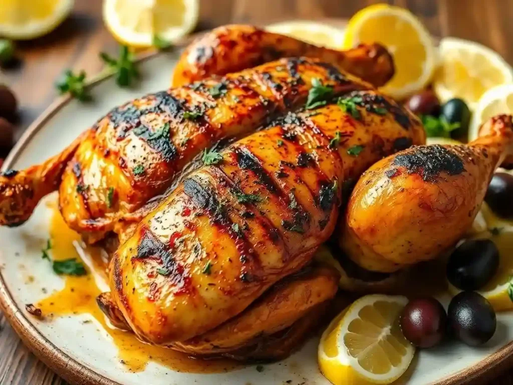 Grilled spatchcock chicken served on a plate with olives, fresh herbs, and lemon wedges, creating a Mediterranean-inspired meal.