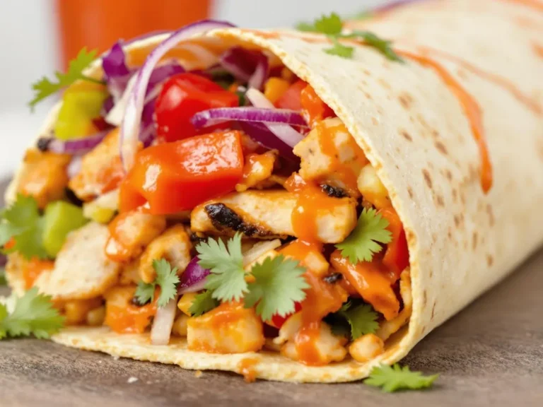A chipotle chicken wrap filled with grilled chicken, red peppers, onions, and fresh cilantro.