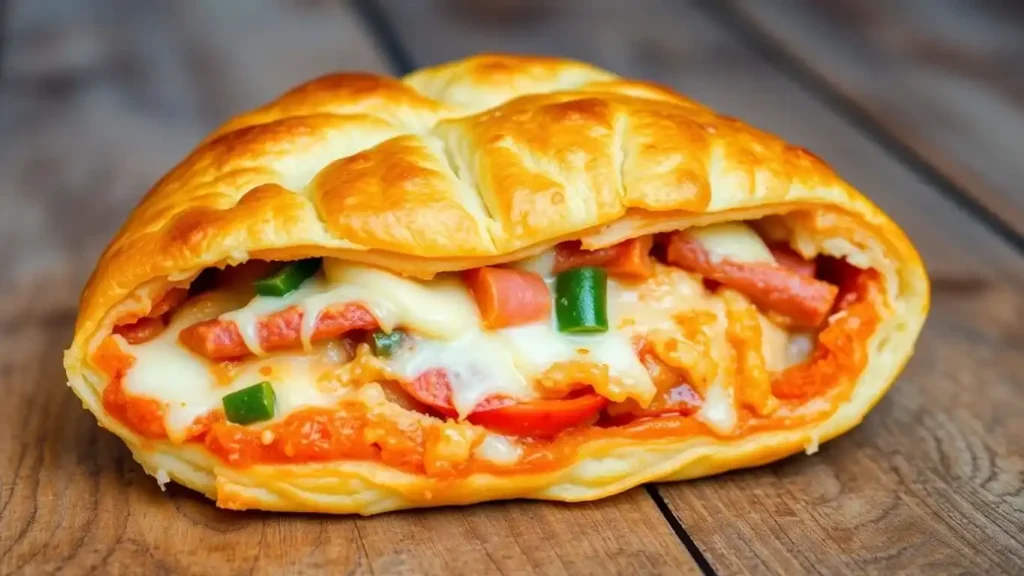 Golden-brown baked Stromboli filled with melted cheese, diced tomatoes, jalapeños, and sausage on a wooden surface.