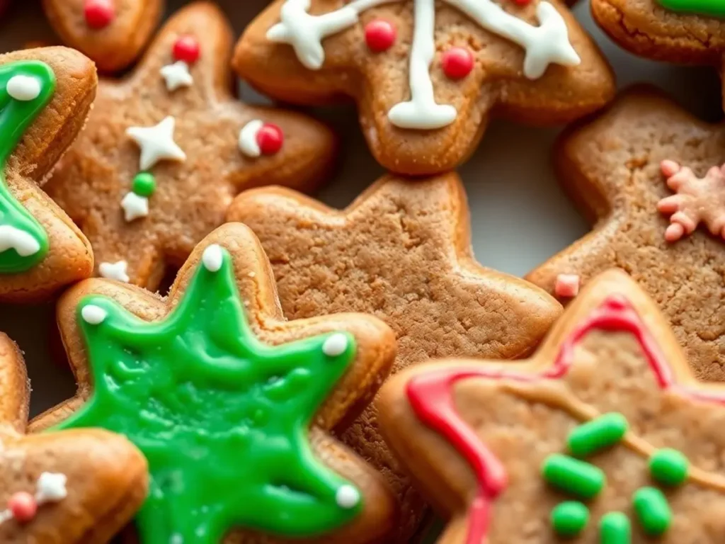 Star-shaped gingerbread cookies with green, red, and white icing designs for a holiday treat.