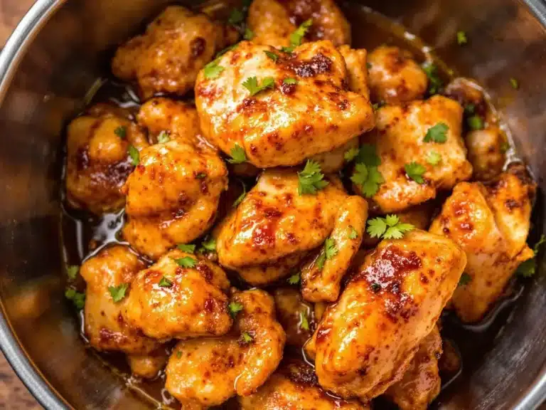 Bowl of chicken nuggets coated in a sticky honey garlic sauce, garnished with fresh herbs.