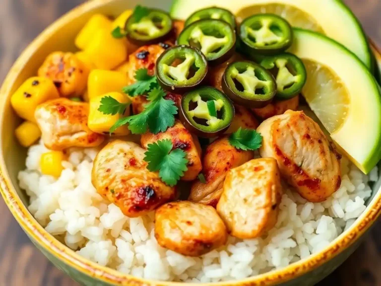 A vibrant bowl of white rice topped with grilled chicken, mango chunks, avocado slices, jalapeños, and fresh cilantro.