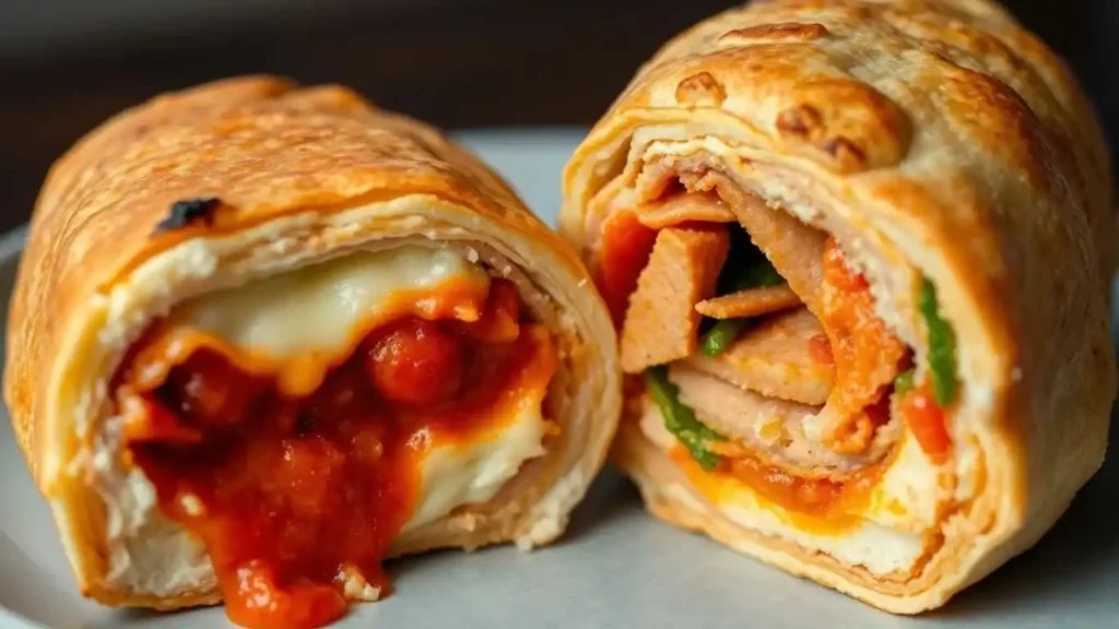 Two stuffed pastries sliced open, revealing melted cheese, tomato sauce, and layered meats with vegetables. sauce is inside calzone or stromboli