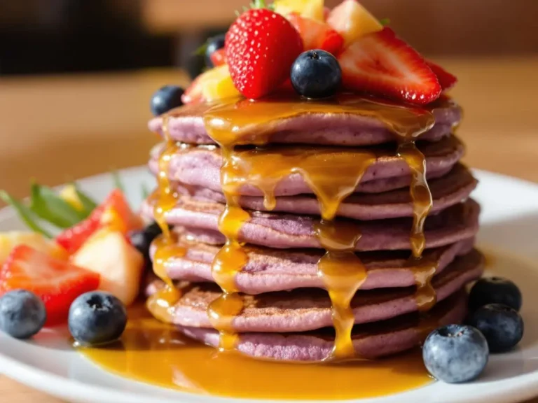 A stack of taro-flavored purple pancakes topped with strawberries, blueberries, pineapple, and a caramel drizzle.